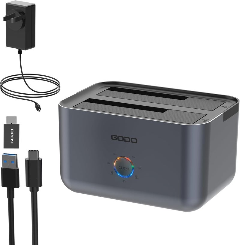 Godo محطة توصيل القرص الصلب إلى USB 3.0 نوع C، محطة توصيل القرص الصلب ذات bay مزدوجة للقرص الصلب SATA 2.5/3.5 بوصة/SSD مع مؤشر LED، تدعم النسخ المتماثل/المكرر غير المتصل 2 * 18TB رمادي - Image 1